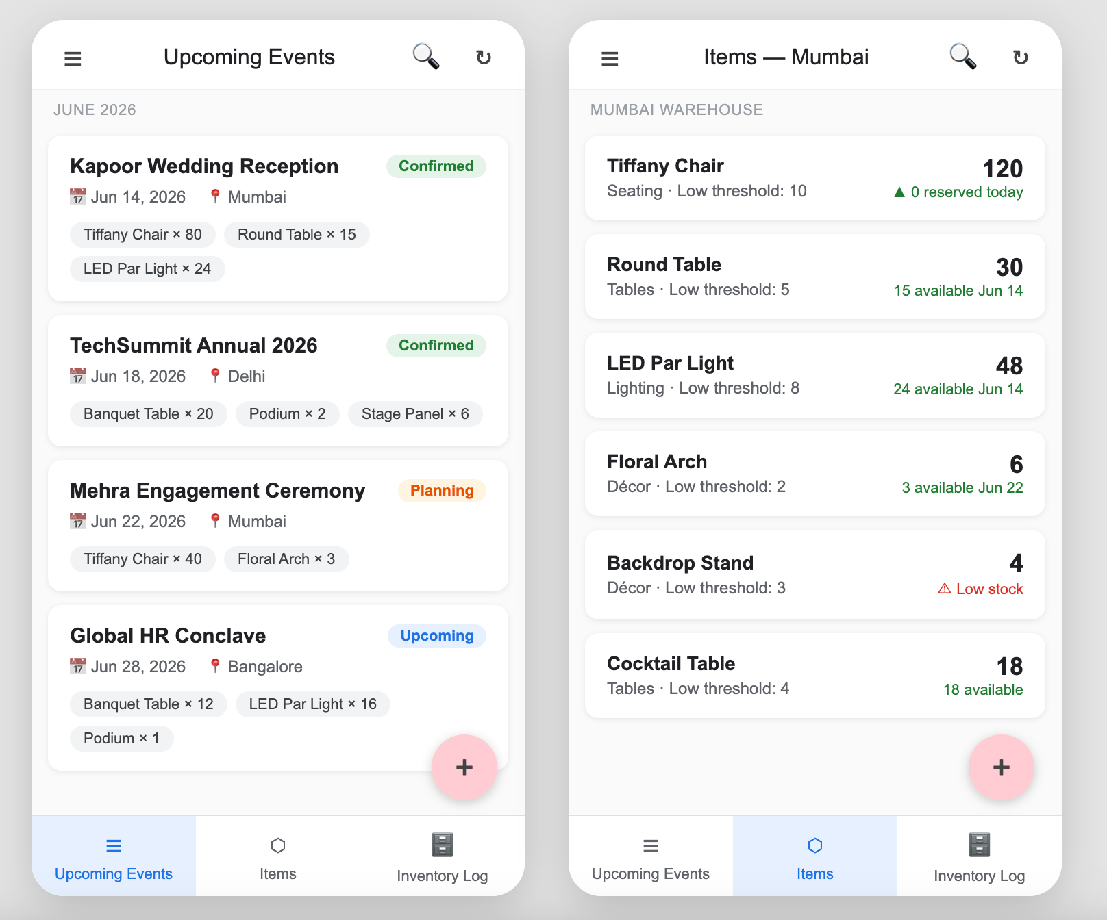 AppSheet prop inventory management app for event company showing upcoming events and items